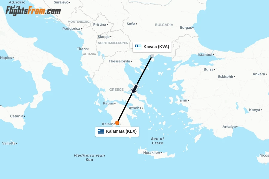 Flights from Kavala to Kalamata route map