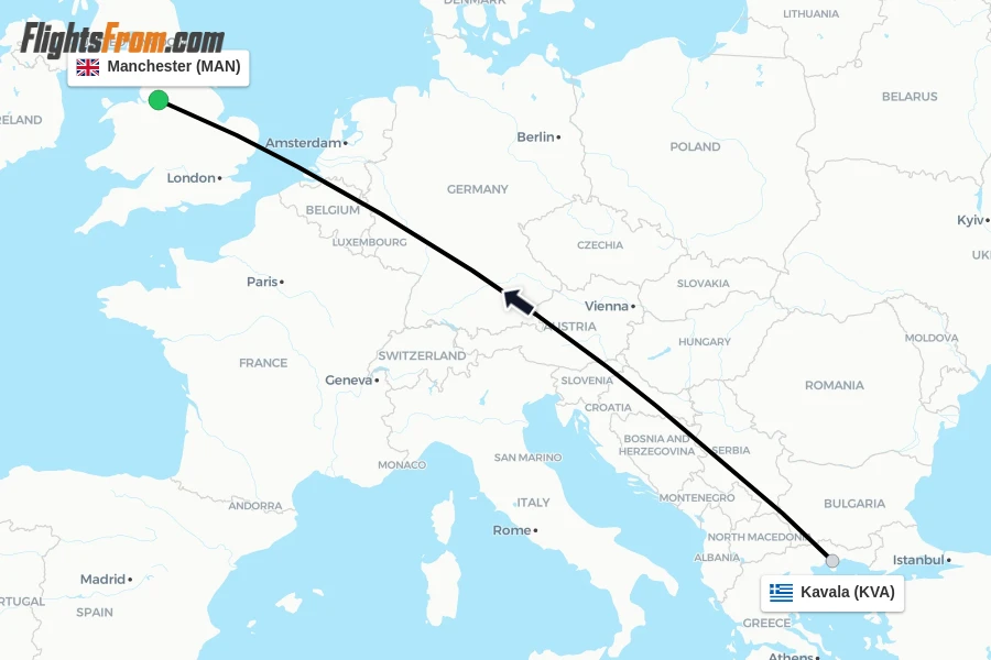 Flights from Kavala to Manchester route map