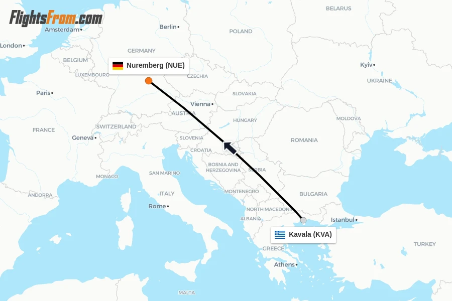 Flights from Kavala to Nuremberg route map