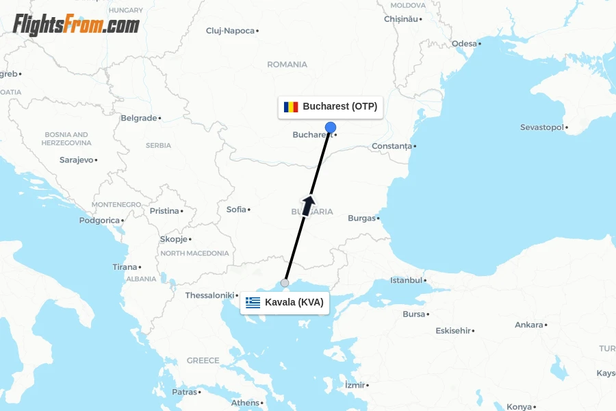 Flights from Kavala to Bucharest route map