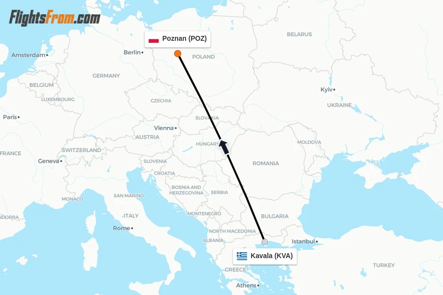 Flights from Kavala to Poznan route map