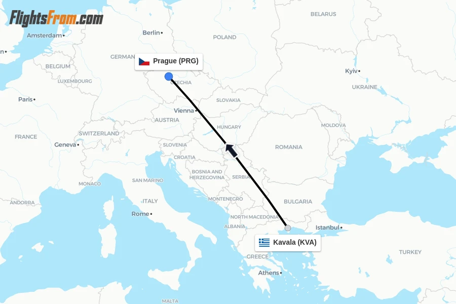 Flights from Kavala to Prague route map