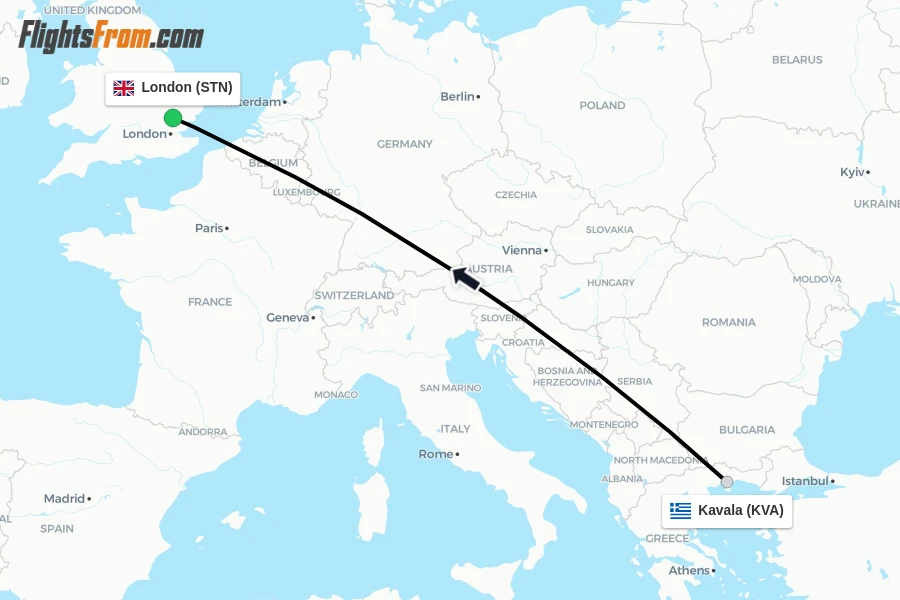 Flights from Kavala to London route map