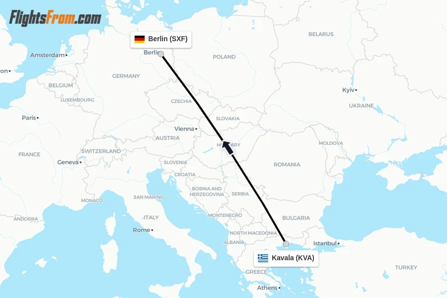 Flights from Kavala to Berlin route map