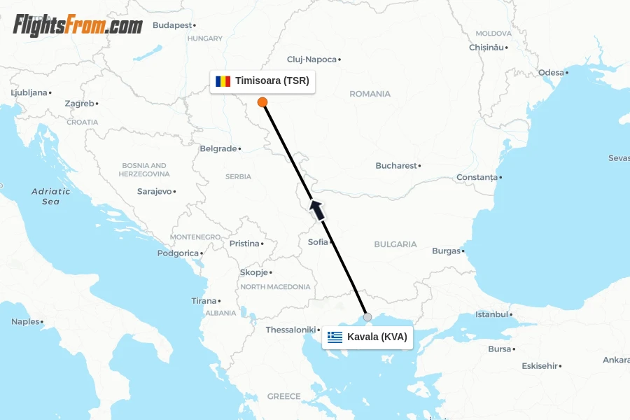 Flights from Kavala to Timisoara route map