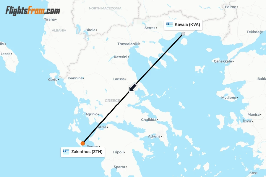 Flights from Kavala to Zakinthos route map