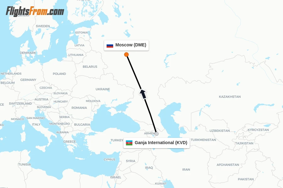 Flights from Ganja International to Moscow route map