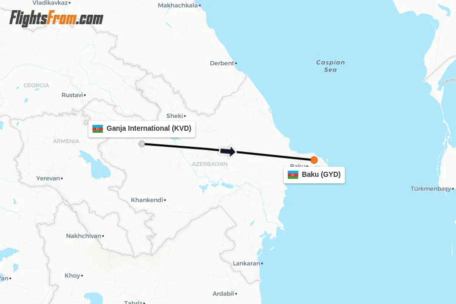 Flights from Ganja International to Baku route map