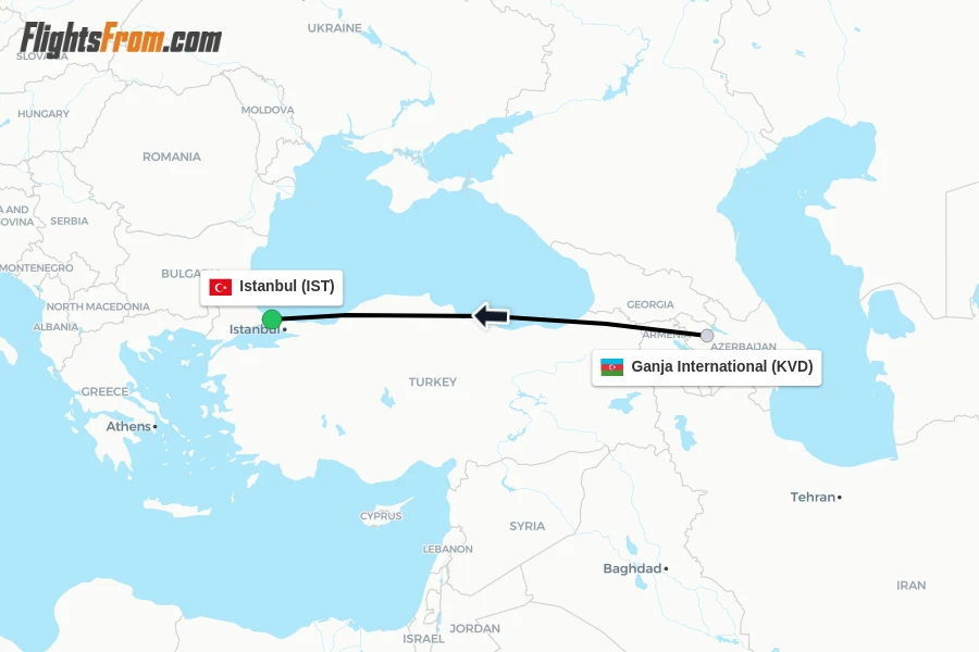 Flights from Ganja International to Istanbul route map