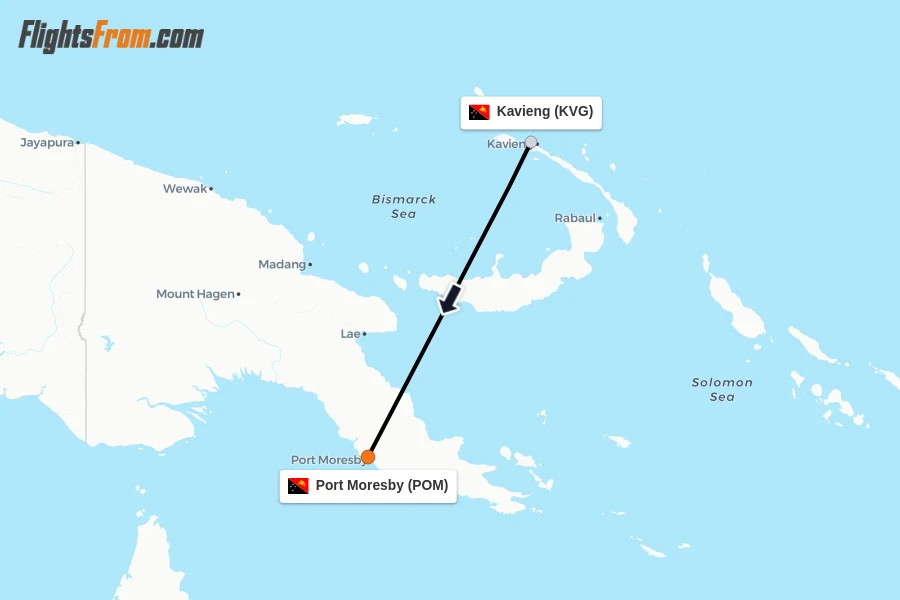 Flights from Kavieng to Port Moresby route map