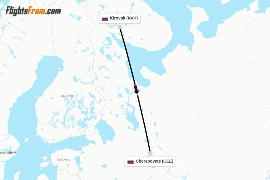 Flights from Kirovsk to Cherepovets route map