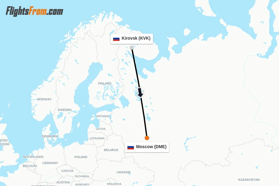 Flights from Kirovsk to Moscow route map
