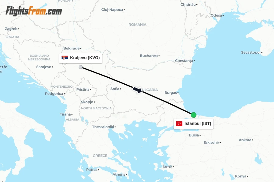 Flights from Kraljevo to Istanbul route map
