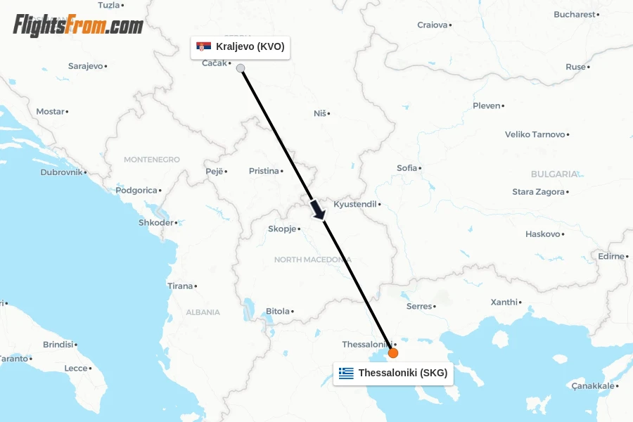 Flights from Kraljevo to Thessaloniki route map