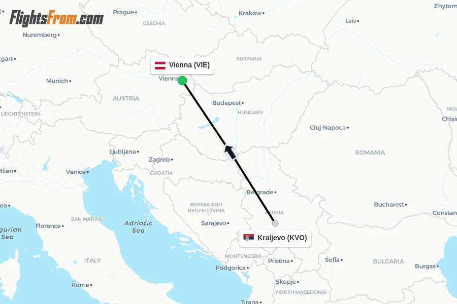 Flights from Kraljevo to Vienna route map