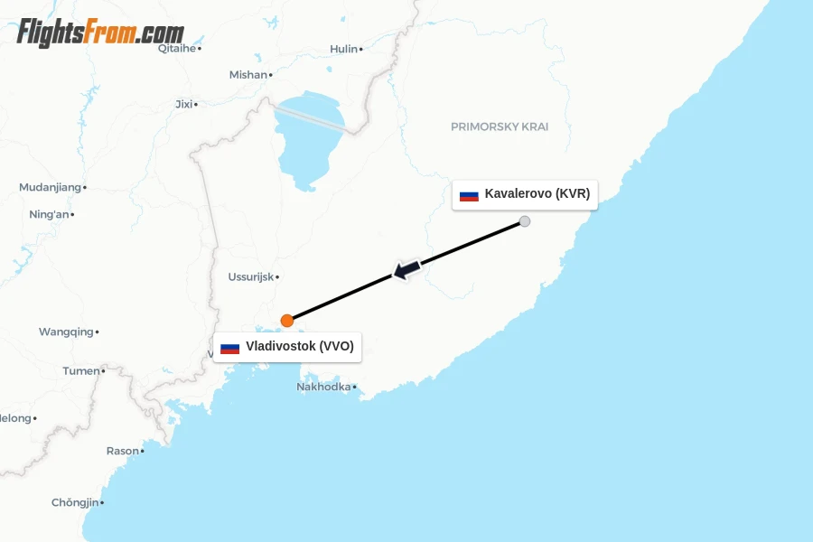 Flights from Kavalerovo to Vladivostok route map