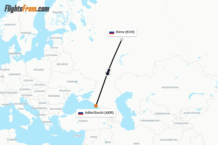 Flights from Kirov to Adler/Sochi route map