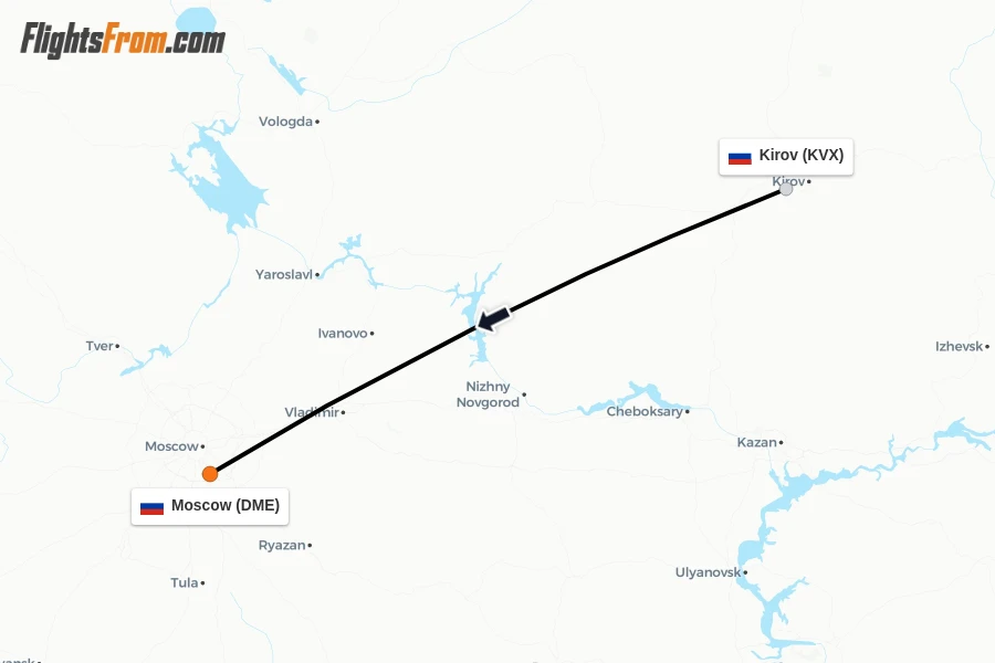 Flights from Kirov to Moscow route map