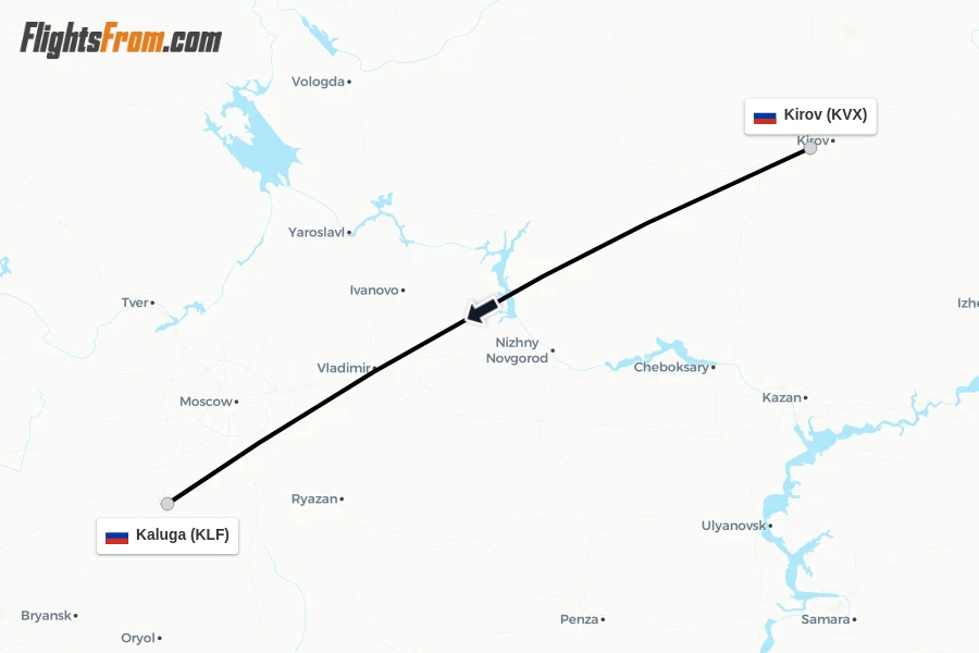Flights from Kirov to Kaluga route map