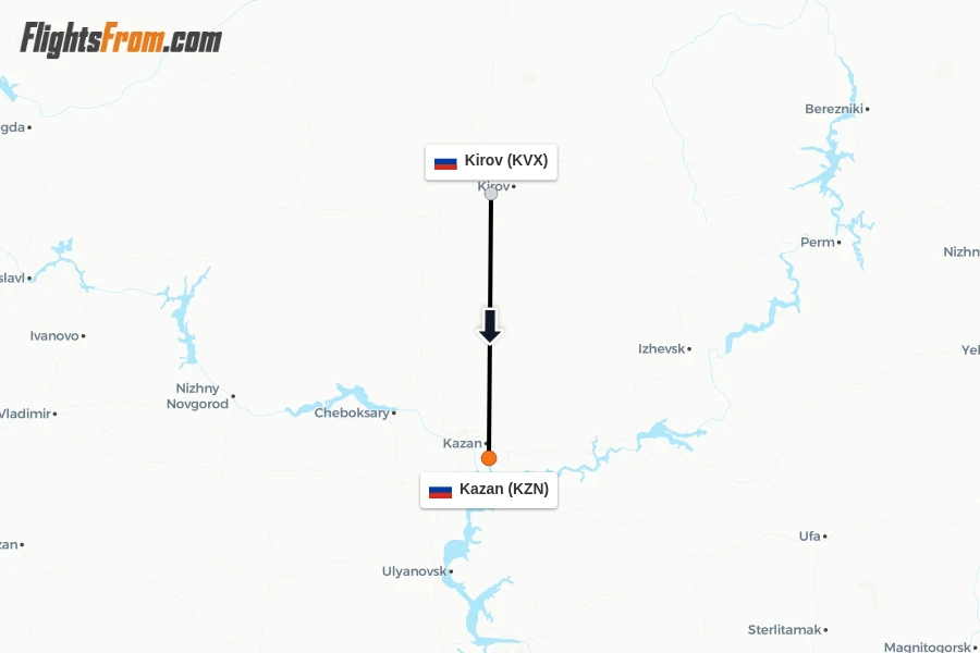 Flights from Kirov to Kazan route map
