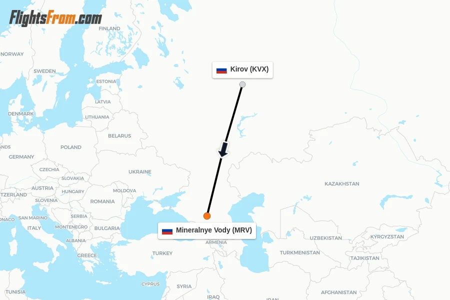 Flights from Kirov to Mineralnye Vody route map