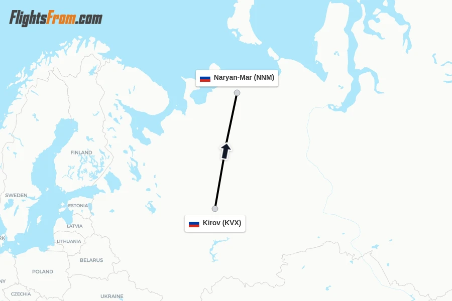 Flights from Kirov to Naryan-Mar route map