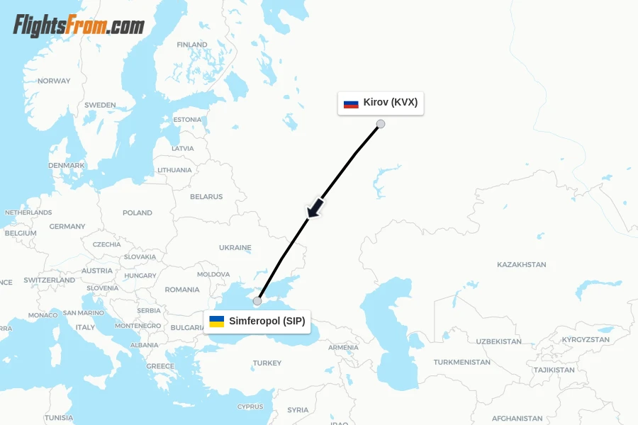 Flights from Kirov to Simferopol route map