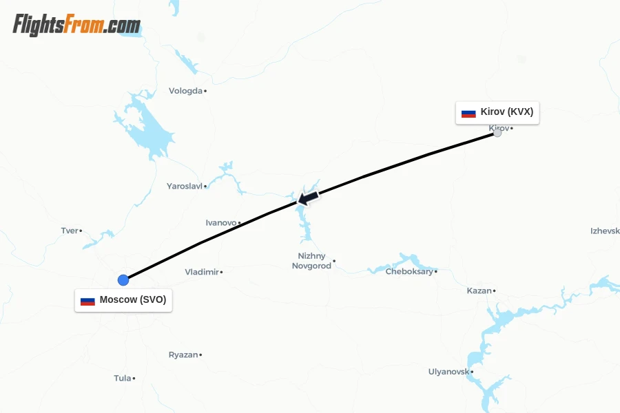 Flights from Kirov to Moscow route map