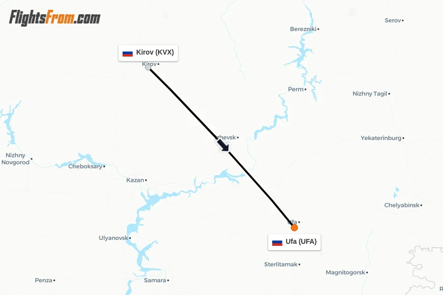 Flights from Kirov to Ufa route map