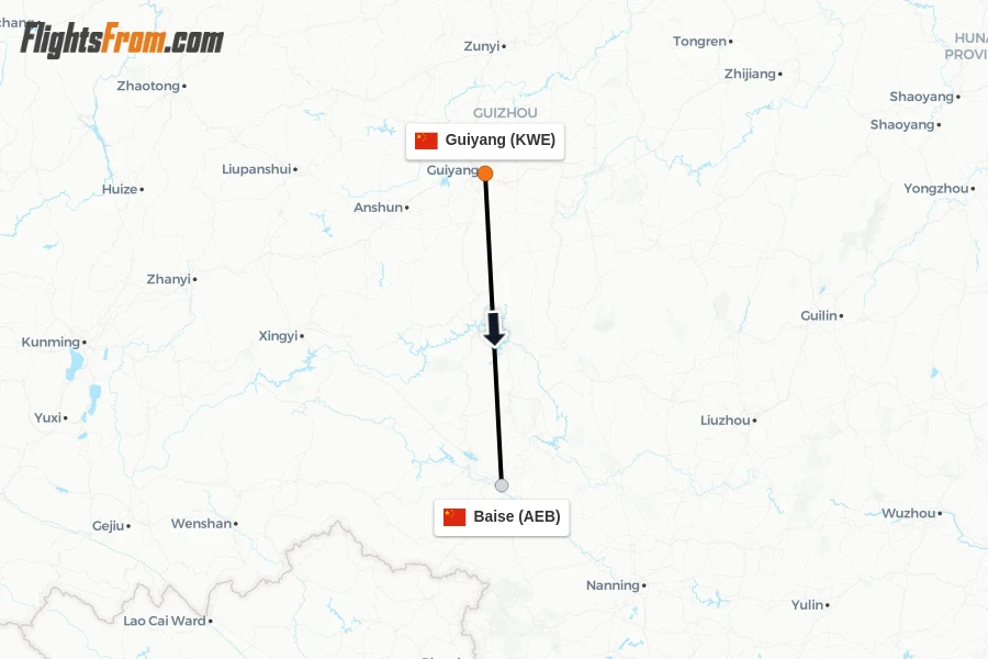 Flights from Guiyang to Baise route map