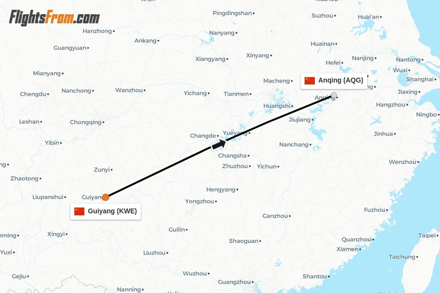 Flights from Guiyang to Anqing route map