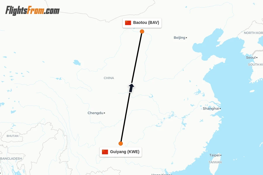 Flights from Guiyang to Baotou route map