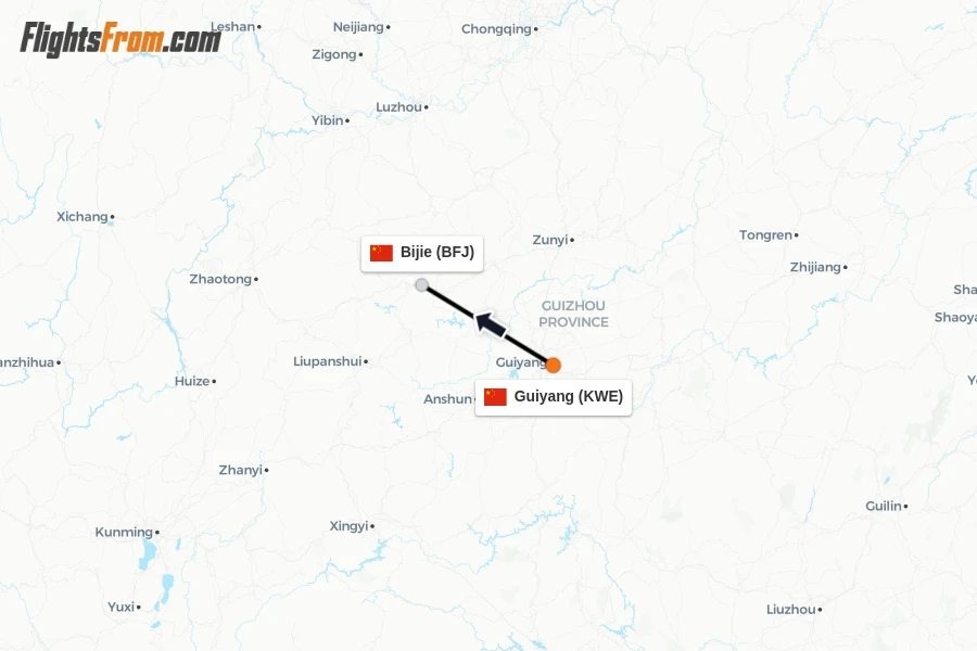 Flights from Guiyang to Bijie route map