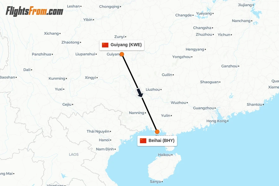 Flights from Guiyang to Beihai route map