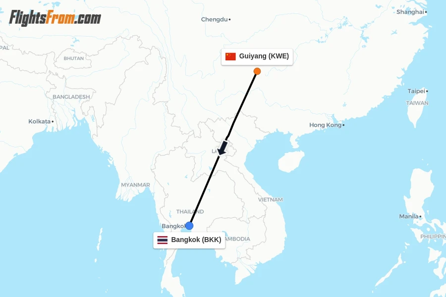 Flights from Guiyang to Bangkok route map