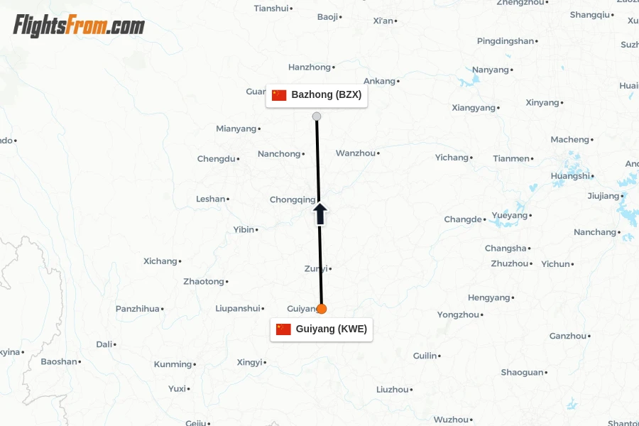 Flights from Guiyang to Bazhong route map