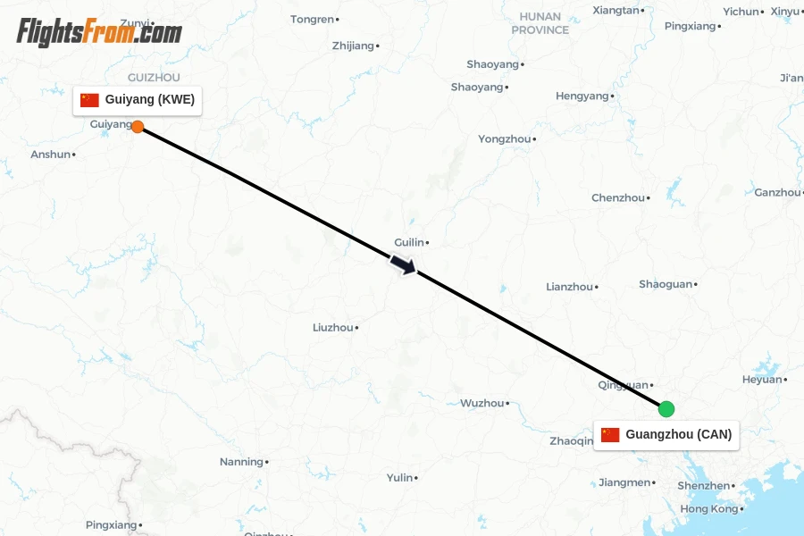 Flights from Guiyang to Guangzhou route map