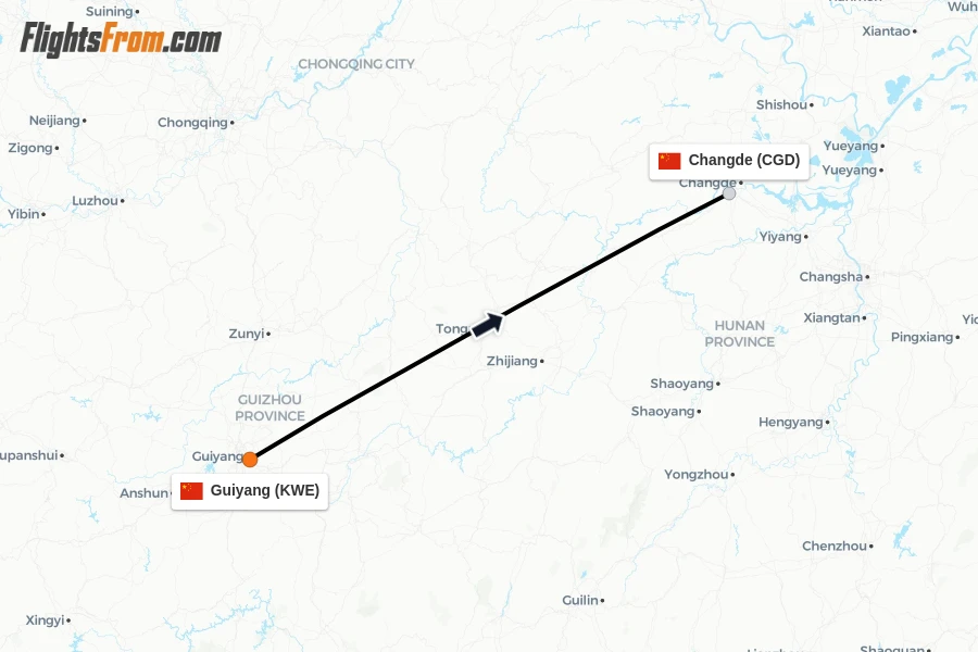 Flights from Guiyang to Changde route map