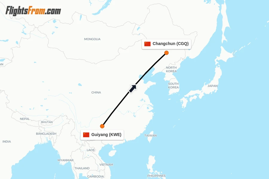 Flights from Guiyang to Changchun route map