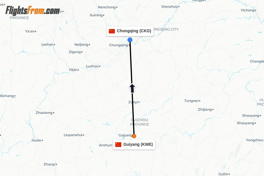 Flights from Guiyang to Chongqing route map