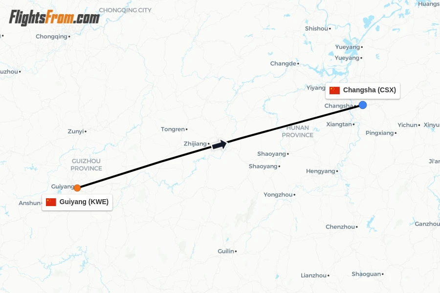 Flights from Guiyang to Changsha route map