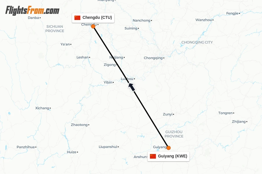 Flights from Guiyang to Chengdu route map