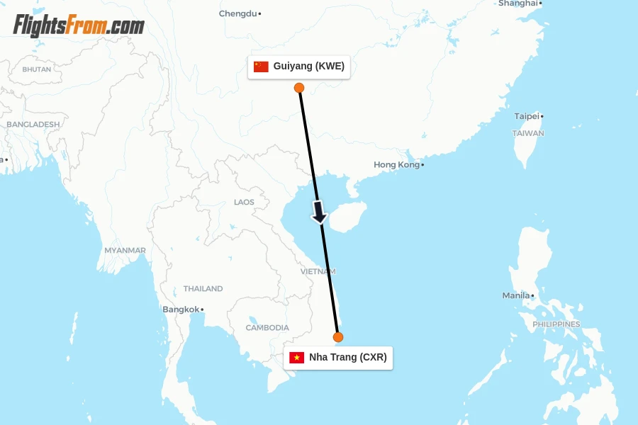 Flights from Guiyang to Nha Trang route map