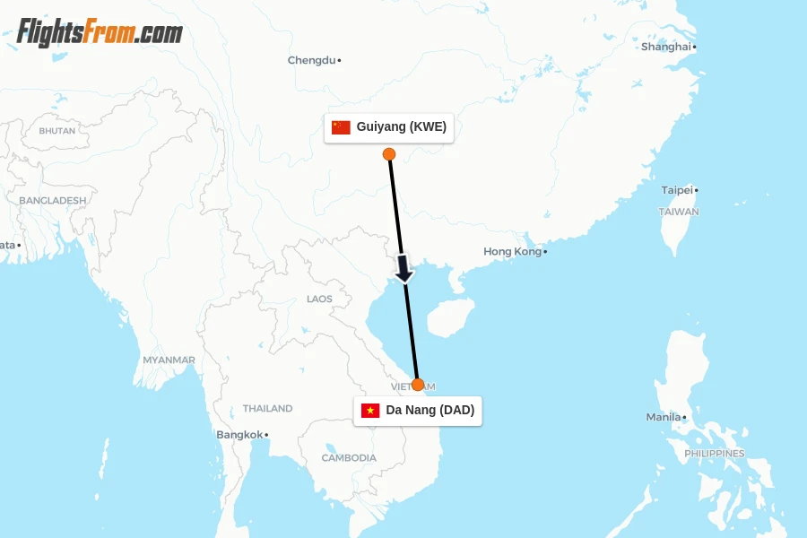 Flights from Guiyang to Da Nang route map