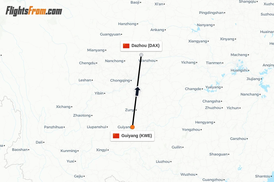Flights from Guiyang to Dazhou route map