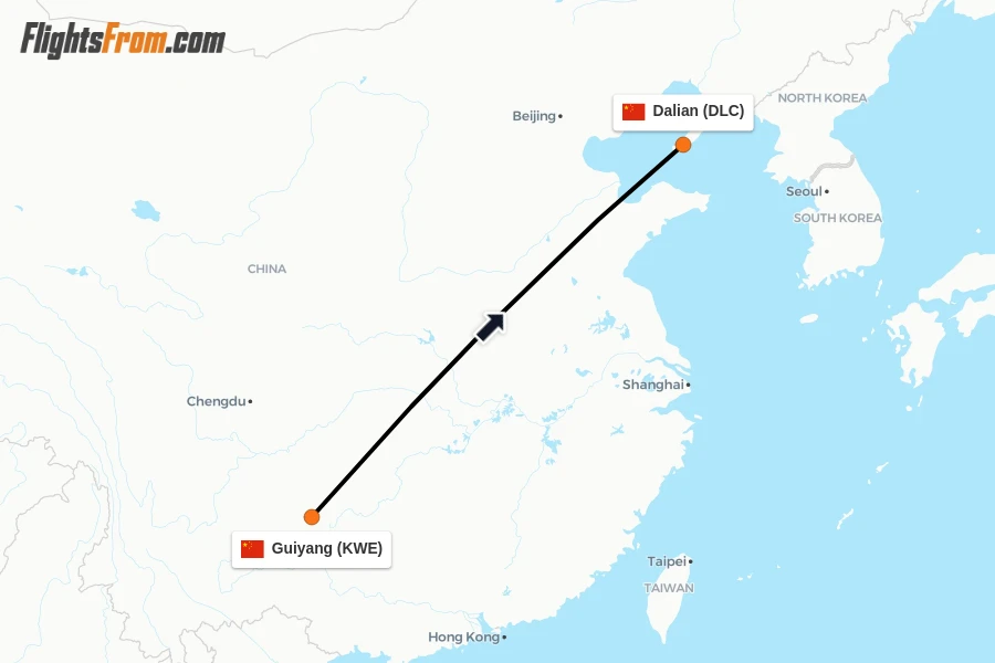 Flights from Guiyang to Dalian route map