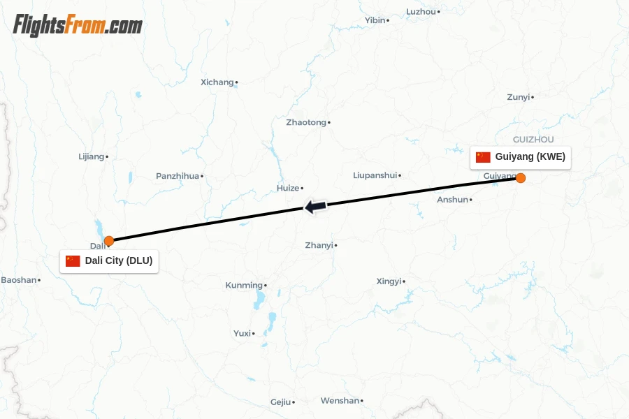 Flights from Guiyang to Dali City route map