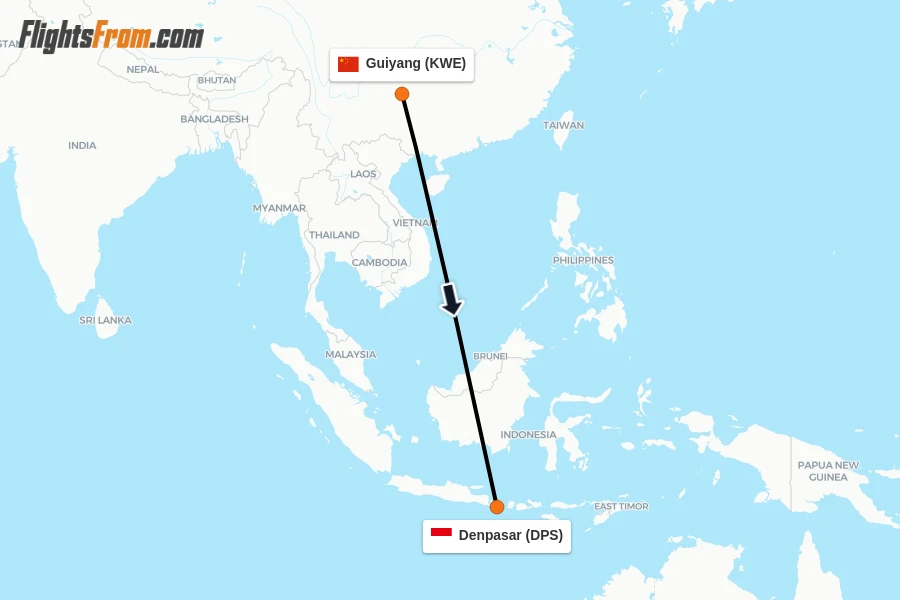Flights from Guiyang to Denpasar route map