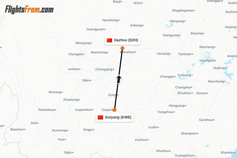 Flights from Guiyang to Dazhou route map
