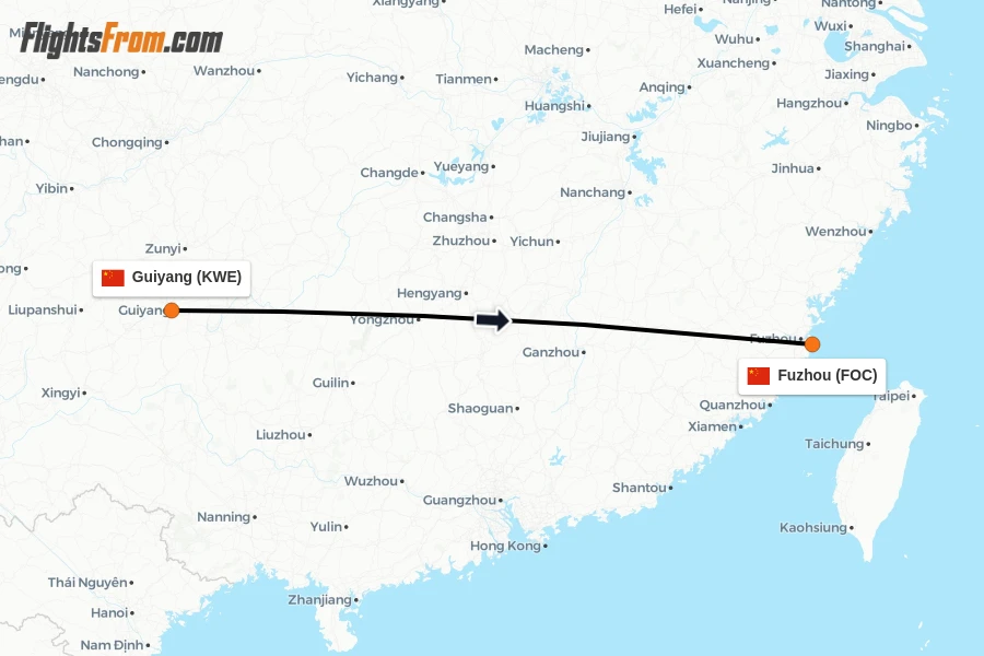 Flights from Guiyang to Fuzhou route map